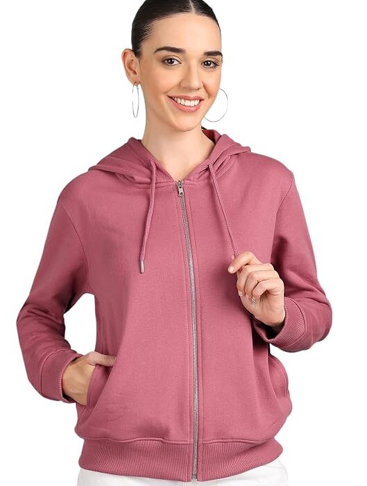 Alan Jones Clothing Women's Solid Zipper Hooded Sweatshirt | Front Zip, Ribbed Hem, Lined Hood, Casual Winter Wear