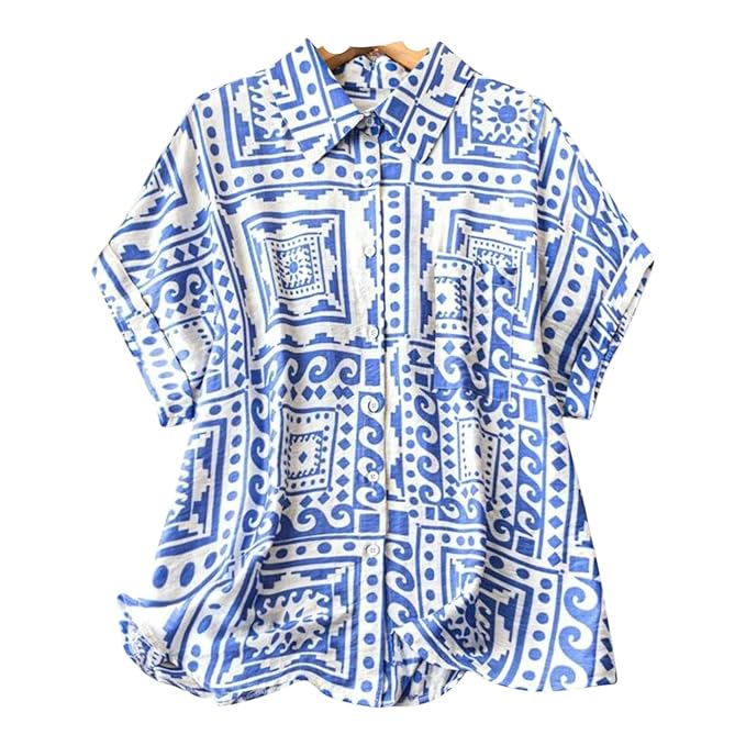 Gufrina Women's Polyester Shirt with Pocket Half Raglan Sleeves Spread Collar Neck Geometric Printed Relaxed Fit and Standard Length