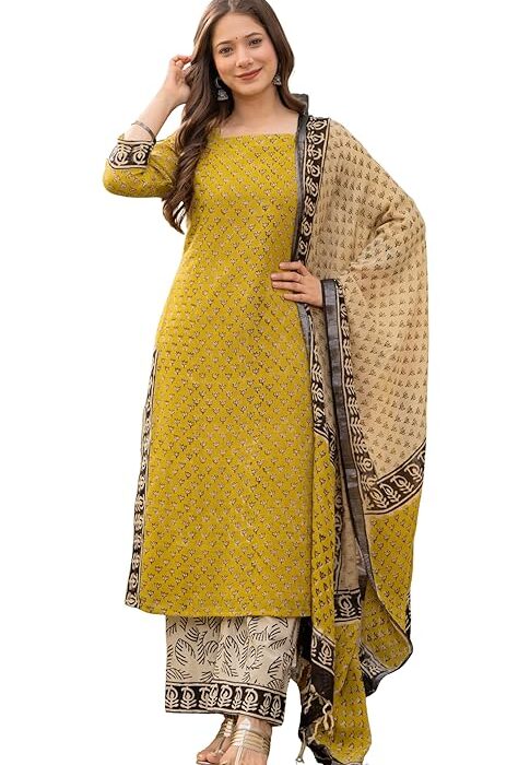 Amayra Women's Pure Cotton Straight Kurta Set with Palazzo Pants & Dupatta|Ethnic wear|Kurta Set for Women