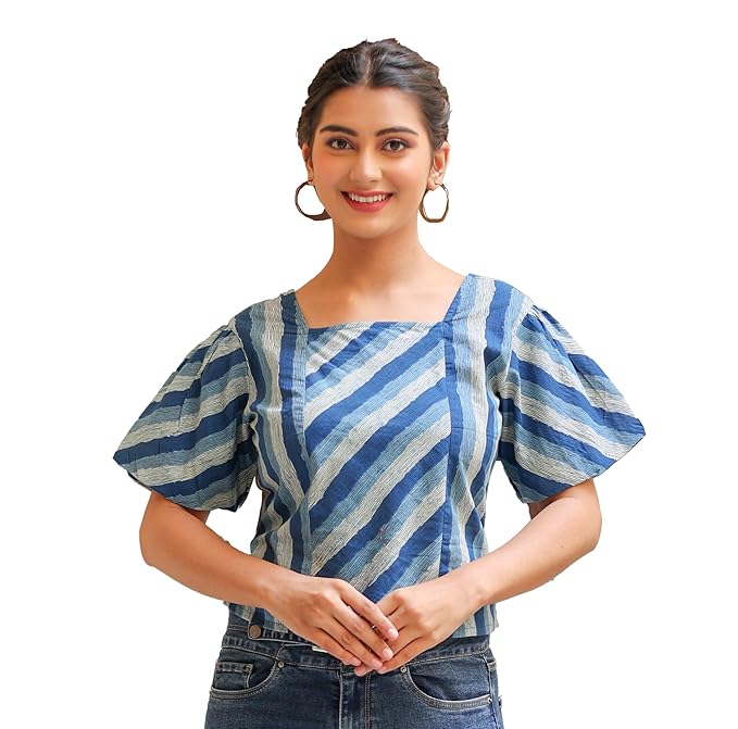 Yash Gallery Women’s Blue Cotton Ikat Printed Puff Sleeve Square Neck Casual Top | Stylish Summer Wear Cotton Blouse for Jeans | Ethnic Western Fusion Wear Top