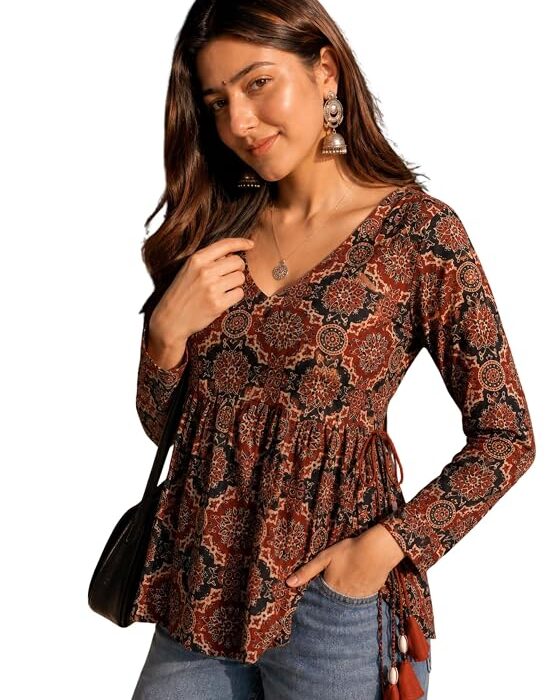 Youthnic Women's Cotton Bandhani Print Tie-Up & Tassel Short Kurti | V-Neck | Casual Wear Tunic | College Wear | Office Wear