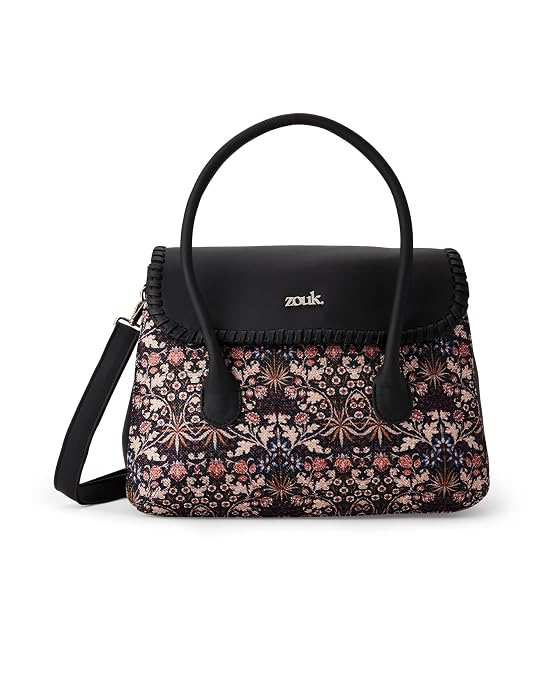 ZOUK Printed Jute Handcrafted Vegan Leather Multicolor Women's Satchel Bag | Ladies Purse Handbag | Double Handle Detachable Strap