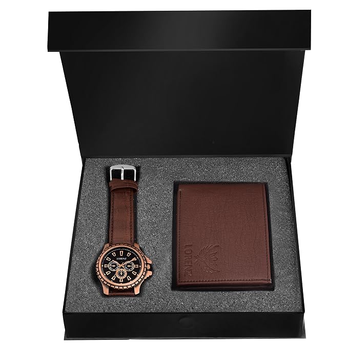 LORENZ Men’s Premium Watch and Wallet Gift Set | Brown Leather Wallet with Analog Watch | Stylish Combo Gift Box for Men | Birthday, Anniversary & Festive Gifting | Luxury Men’s Accessories
